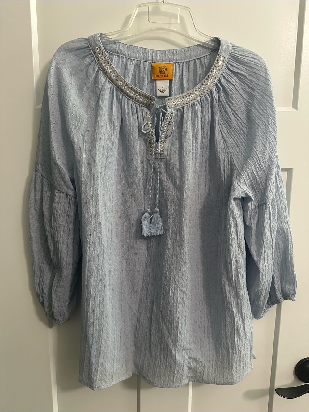 Ruby Rd. Pale Blue Textured Peasant Blouse with Tassel Tie